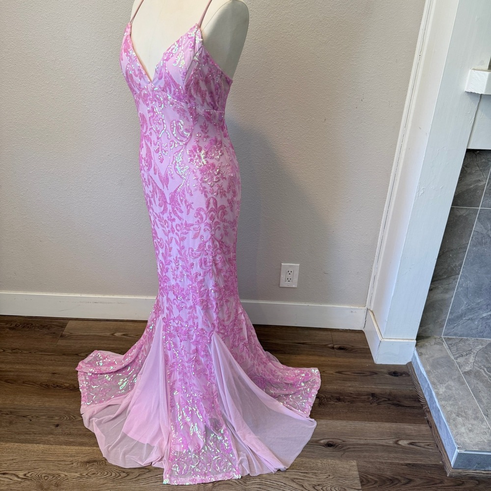 Windsor Pink Iridescent Sequin Mermaid Gown V-Neck Open Back Formal Prom Dress